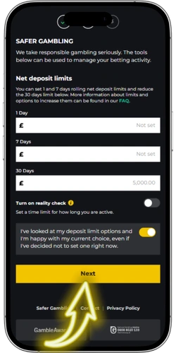 PricedUp Safer Gambling setup screen with deposit limits during account creation