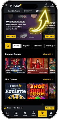 PricedUp Sign Up button location on the homepage for new UK players
