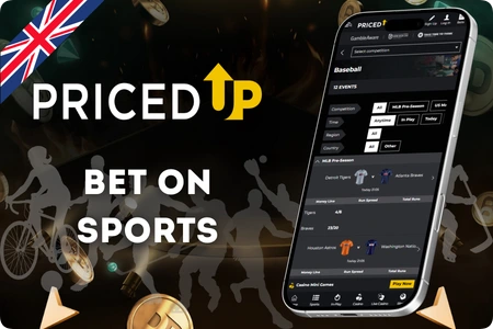 PricedUp sportsbook section where free bet offers appear as promotional banners